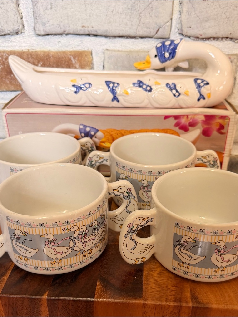 Blue Ribbon Country Geese Soup Mugs and Cracker Dish